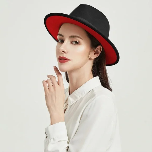 BRAND NEW TRENDY UNISEX WIDE BRIM FEDORA WITH RED UNDERBILL NWT - Picture 7 of 7